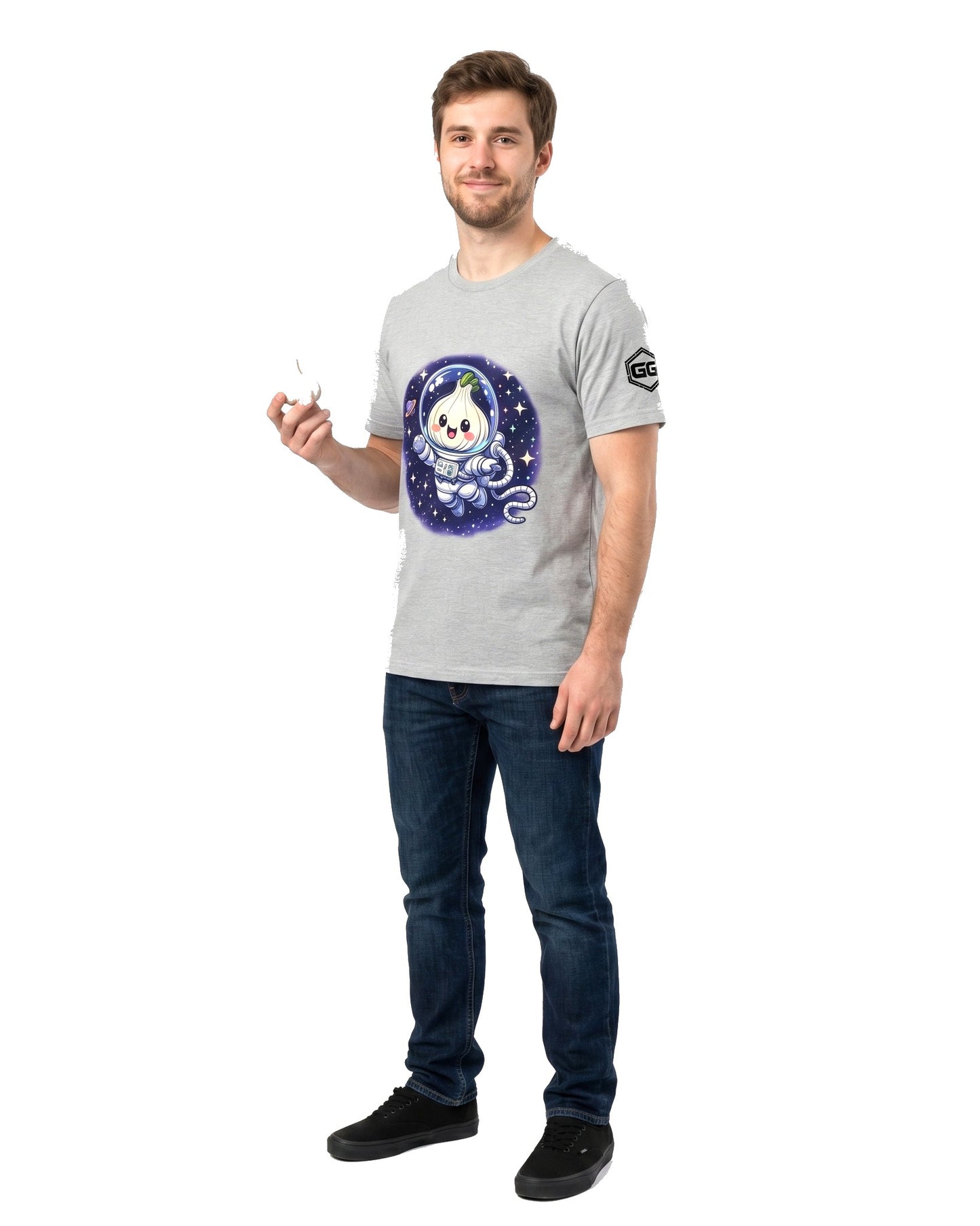 model:2:m | Knoblauch Astronaut T-Shirt – Modellfoto in Sportgrau – Mann