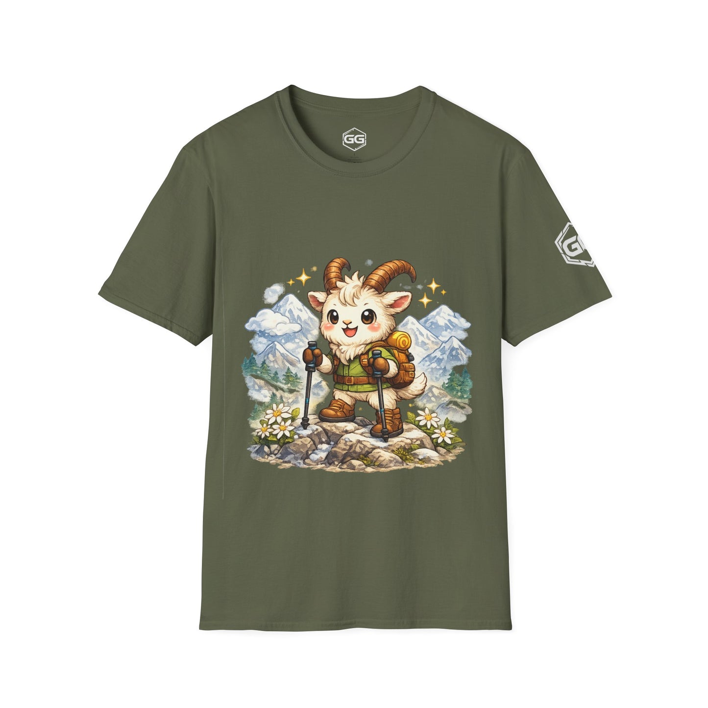 front:5 | Bergziege T-Shirt – Vorderansicht in Militärgrün
