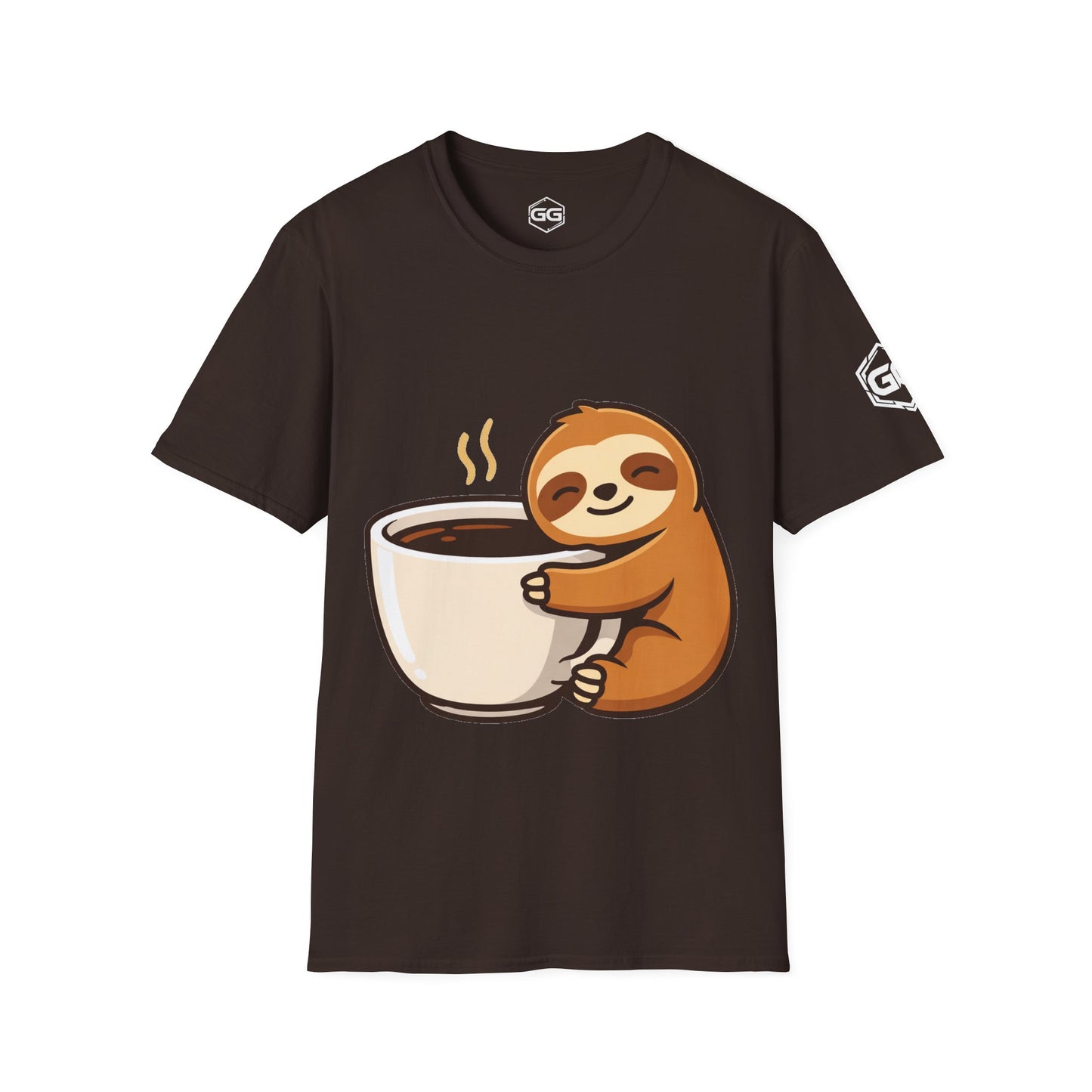 front:3 | Faultier & Kaffee – Unisex T-Shirt – Vorderansicht in Dunkelbraun