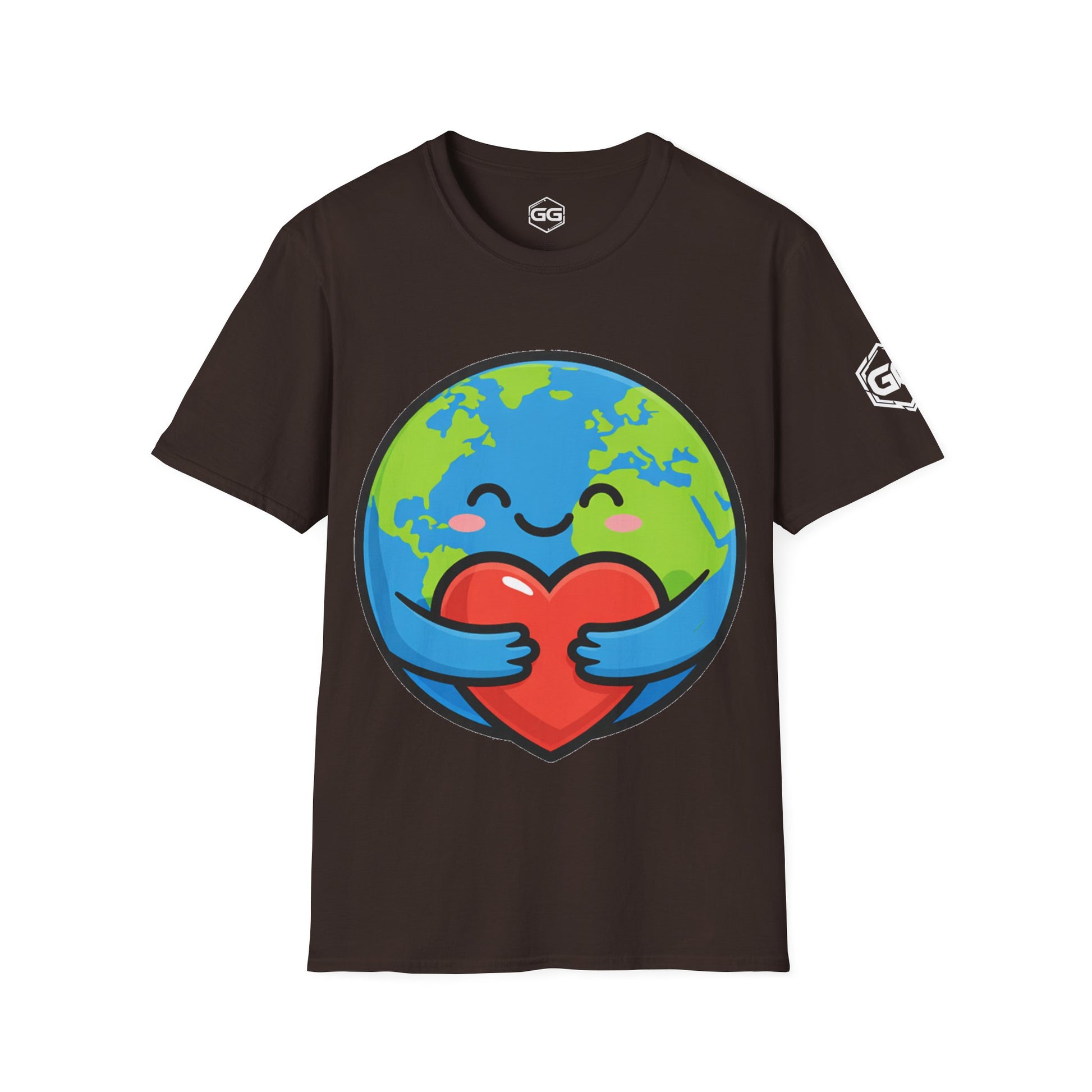 front:3 | Erde Umarmt Herz – Unisex T-Shirt – Vorderansicht in Dunkelbraun