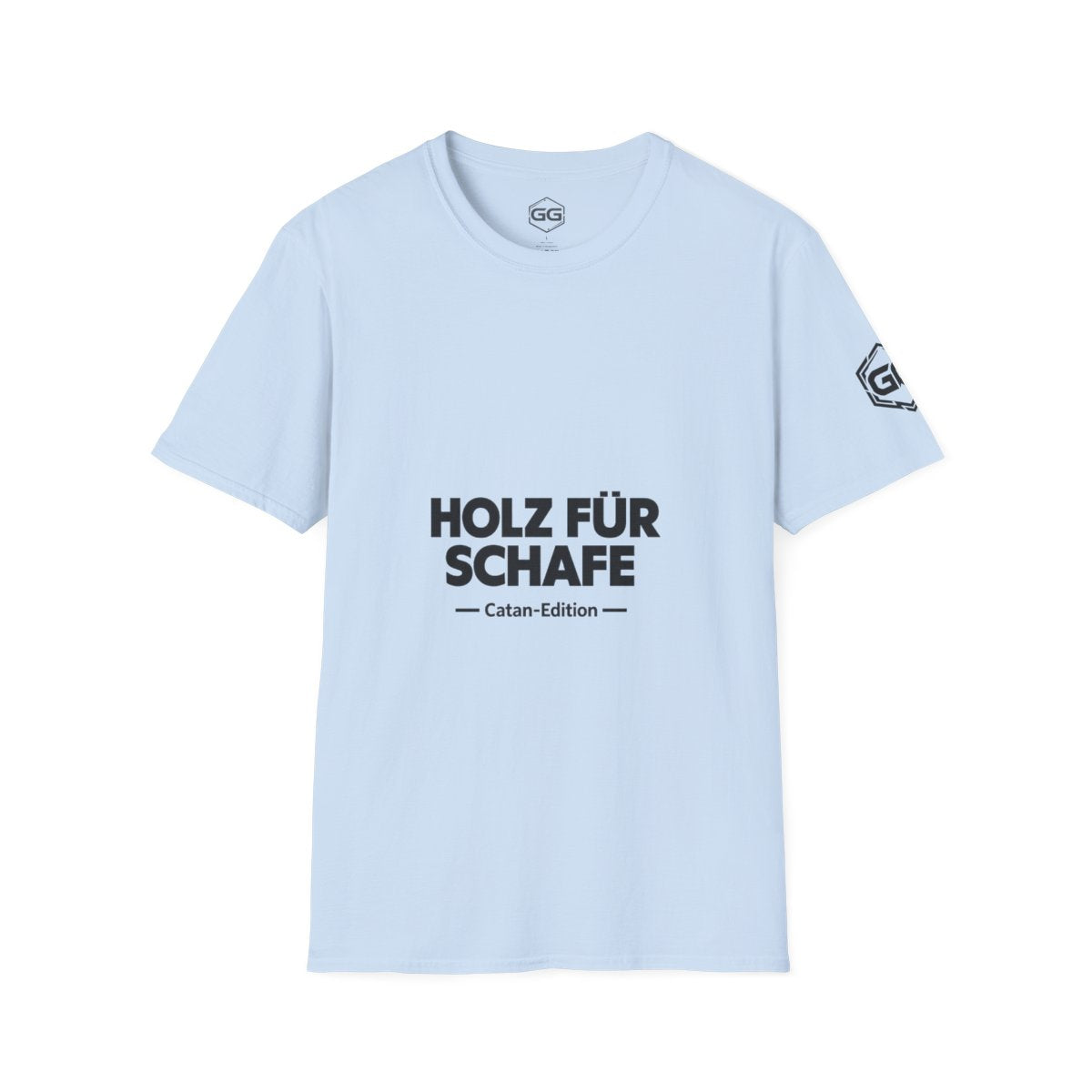 front:7 | Wood for Sheep T-Shirt — Catan Edition – Vorderansicht in Hellblau