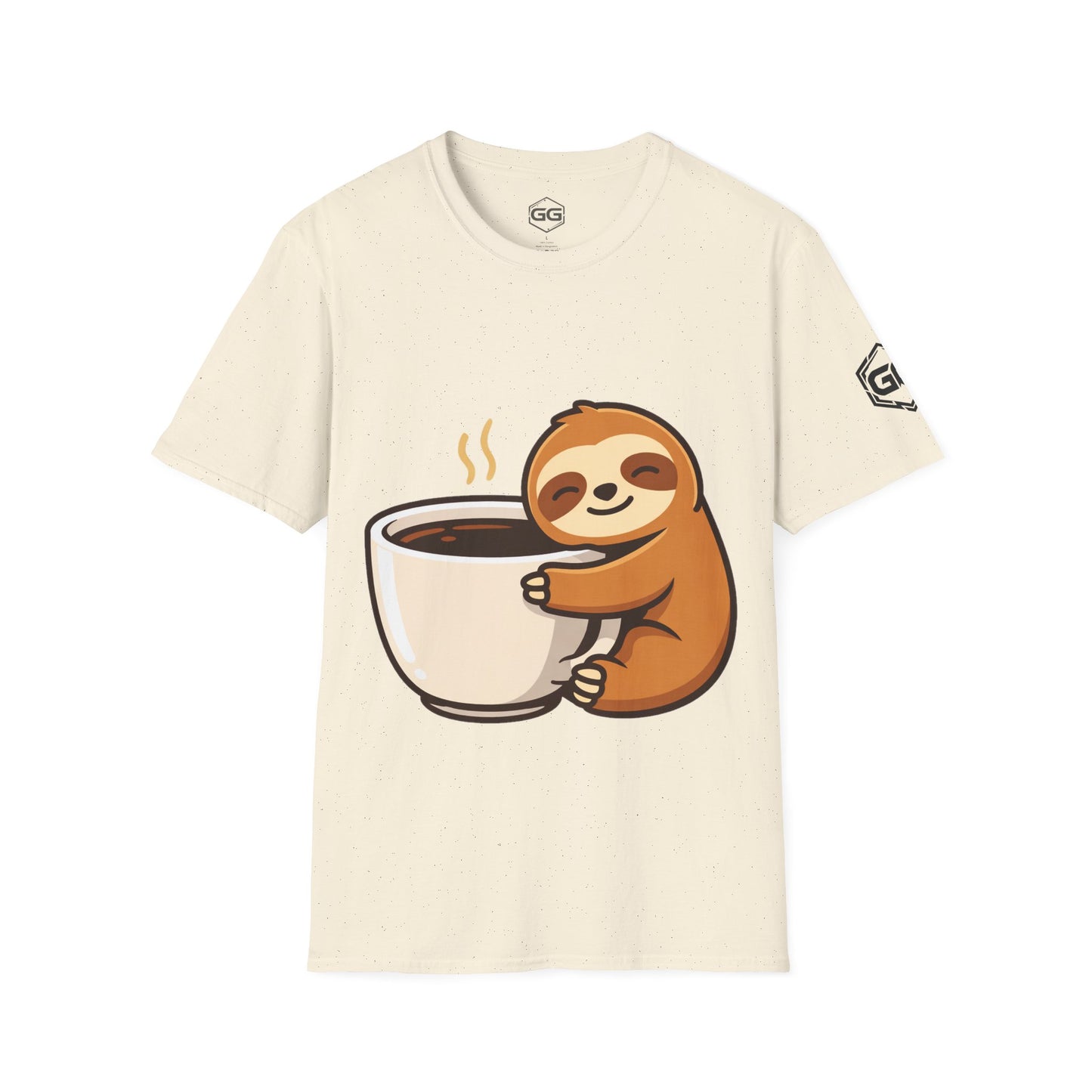 front:4 | Faultier & Kaffee – Unisex T-Shirt – Vorderansicht in Natur