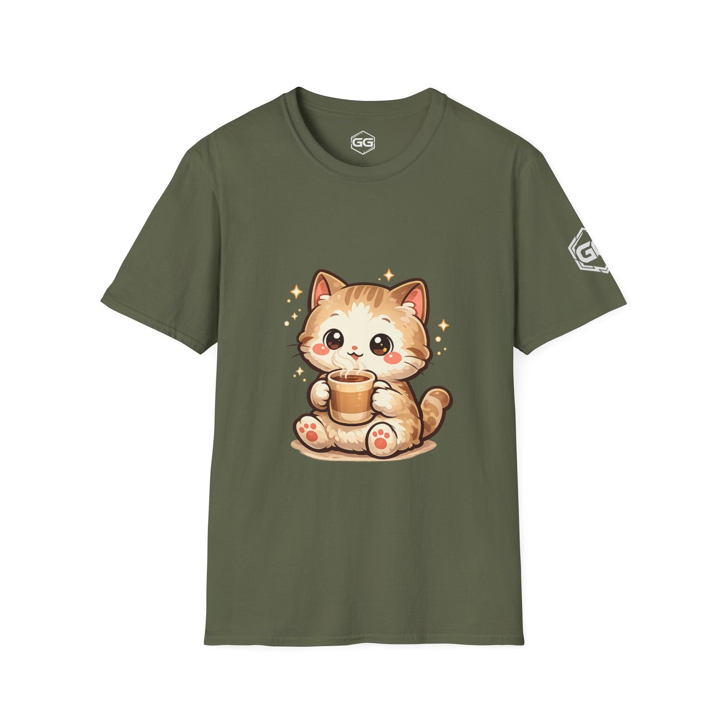 front:5 | Katze & Kaffee – Lustiges Katzen T-Shirt – Vorderansicht in Militärgrün