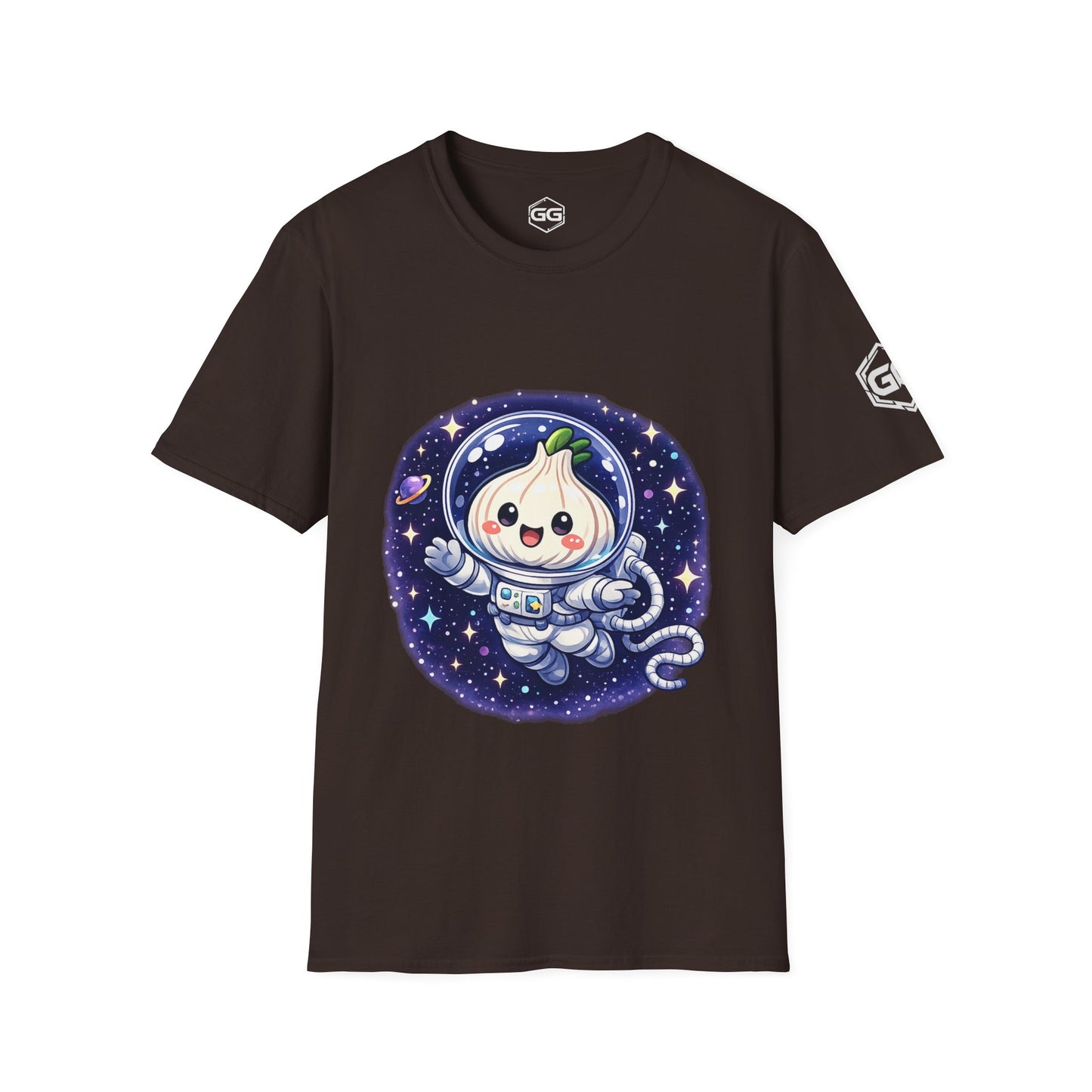 front:3 | Knoblauch Astronaut T-Shirt – Vorderansicht in Dunkelbraun