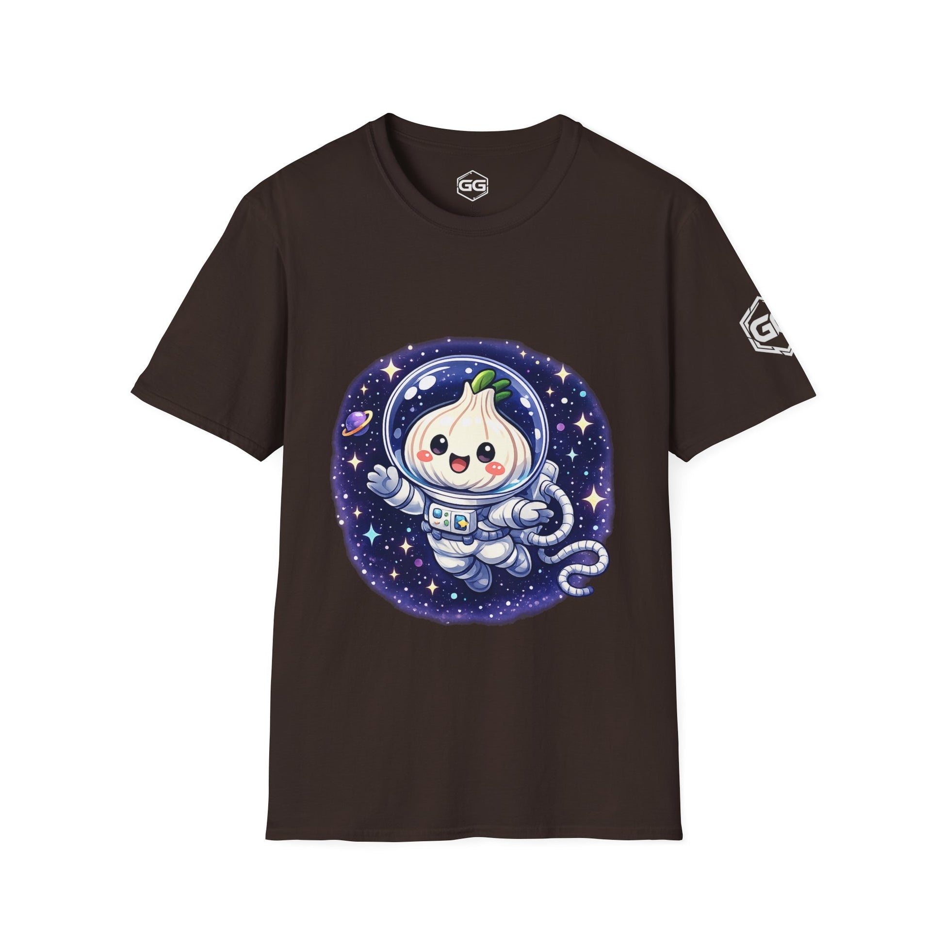 front:3 | Knoblauch Astronaut T-Shirt – Vorderansicht in Dunkelbraun