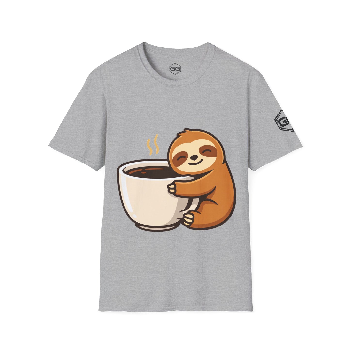 front:2 | Faultier & Kaffee – Unisex T-Shirt – Vorderansicht in Sportgrau