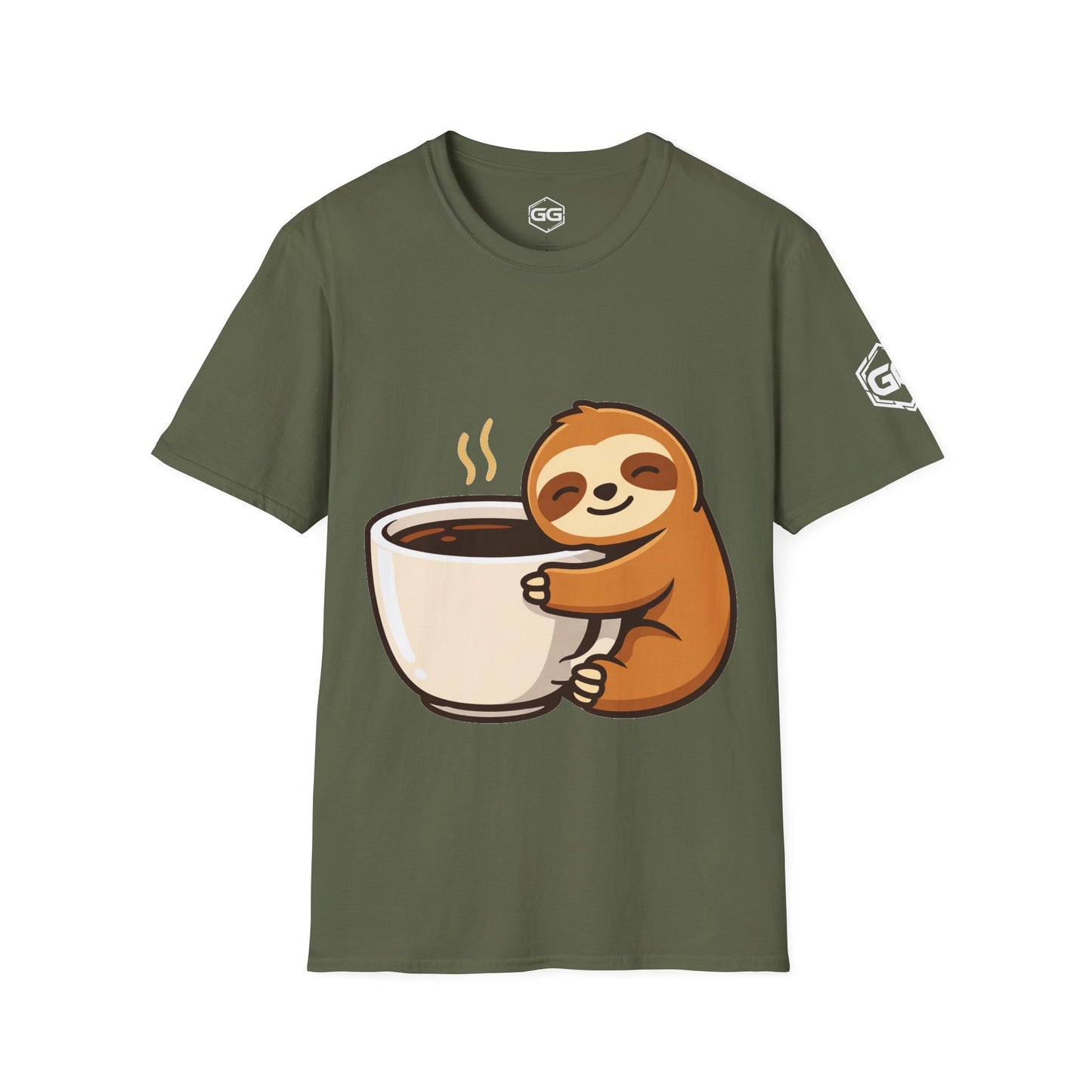 front:5 | Faultier & Kaffee – Unisex T-Shirt – Vorderansicht in Militärgrün