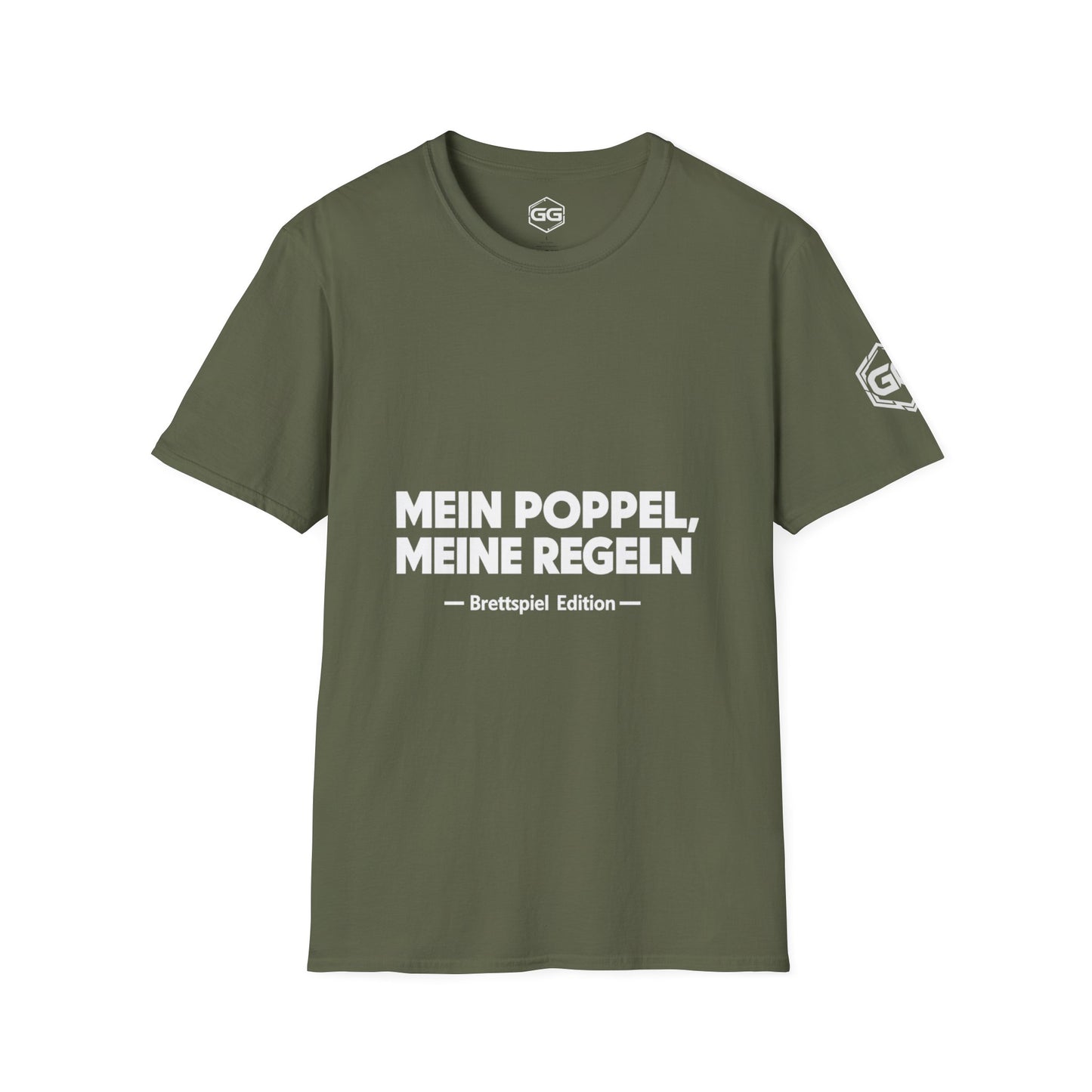 front:5 | My Meeple, My Rules T-Shirt — Board Game Edition – Vorderansicht in Militärgrün