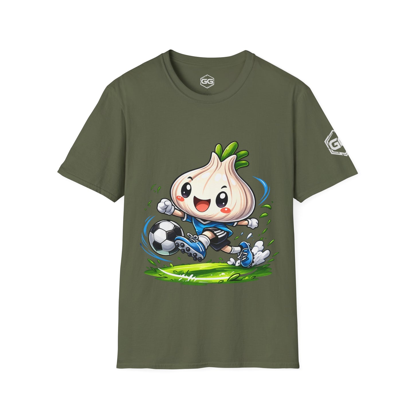 front:5 | Garlic Soccer Player T-Shirt – Vorderansicht in Militärgrün