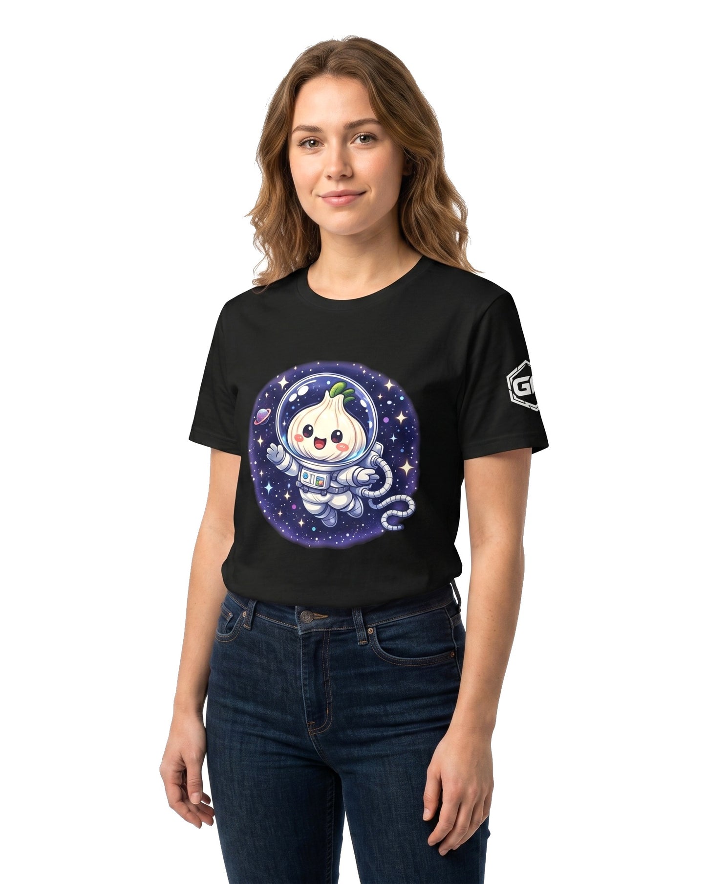 model:1:f | Knoblauch Astronaut T-Shirt – Modellfoto in Schwarz – Frau