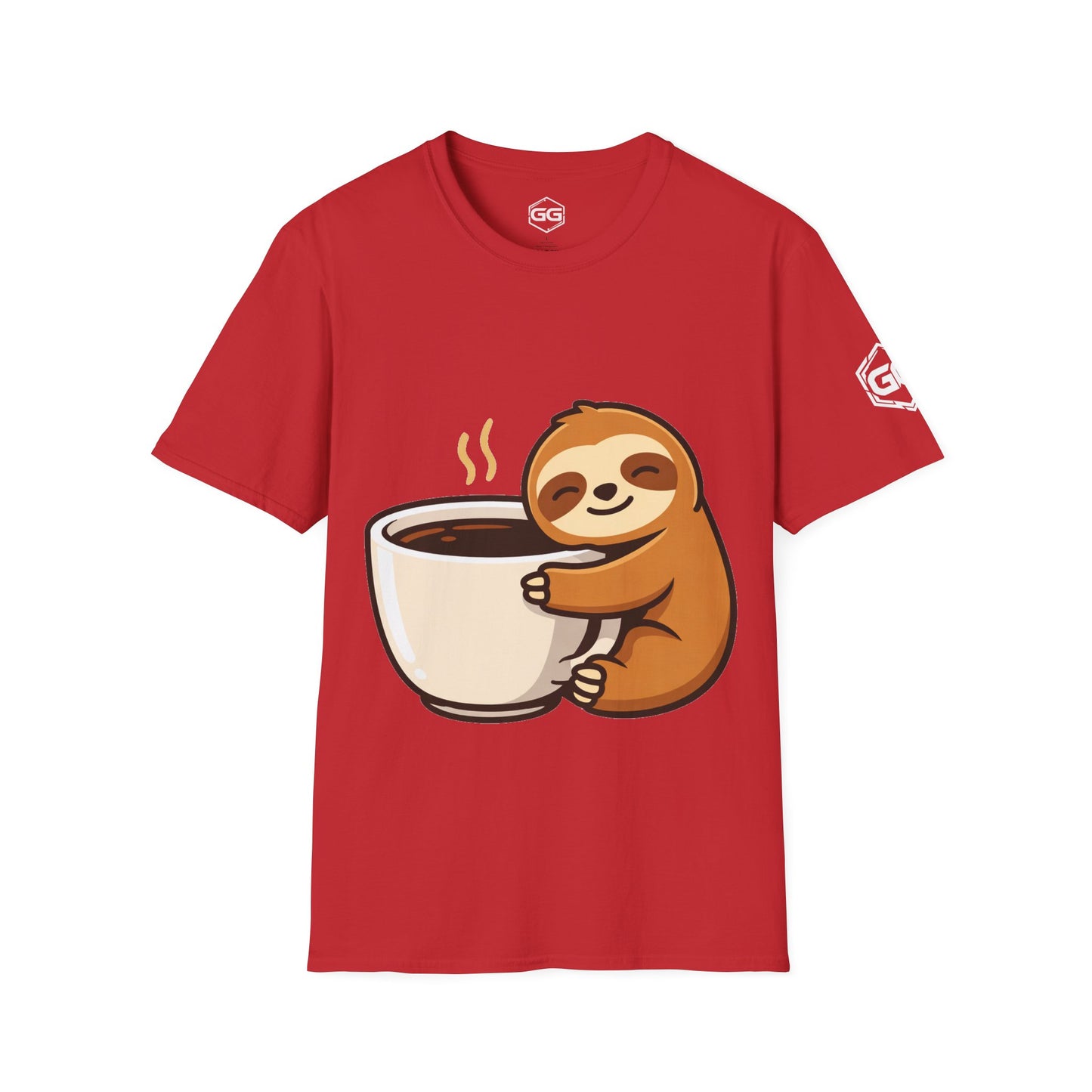 front:10 | Faultier & Kaffee – Unisex T-Shirt – Vorderansicht in Rot
