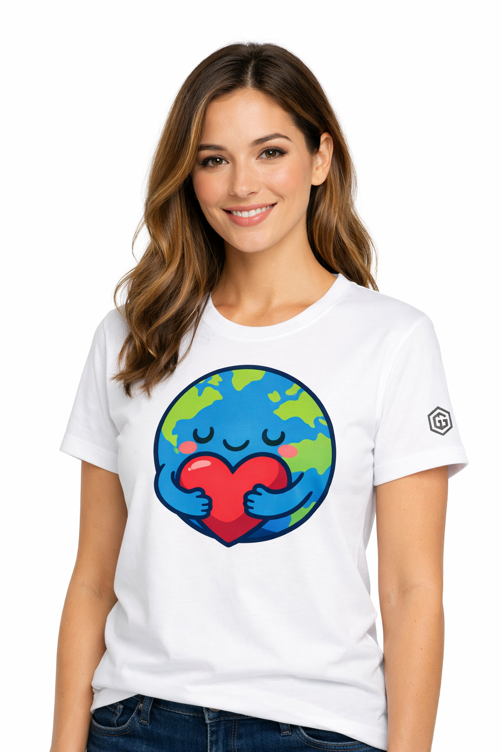 model:0:f | Erde Umarmt Herz – Unisex T-Shirt – Modelfoto in Weiß – Frau