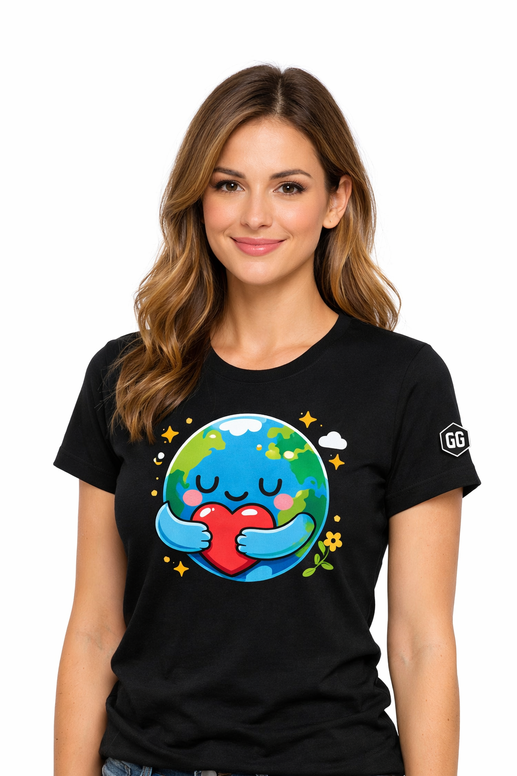 model:1:f | Erde Umarmt Herz – Unisex T-Shirt – Modelfoto in Schwarz – Frau