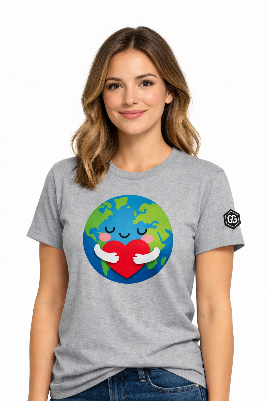 model:2:f | Erde Umarmt Herz – Unisex T-Shirt – Modelfoto in Sportgrau – Frau