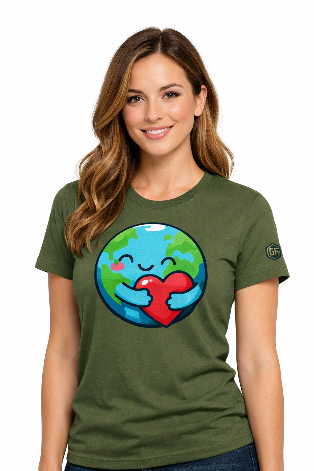model:5:f | Erde Umarmt Herz – Unisex T-Shirt – Modelfoto in Militärgrün – Frau