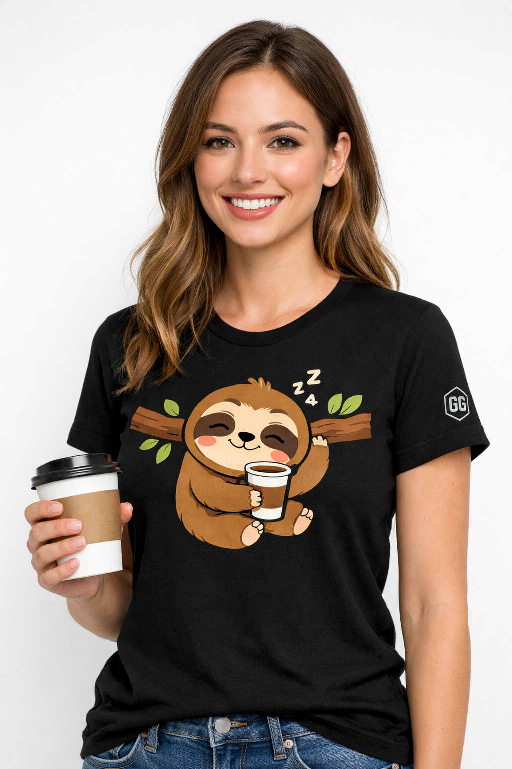 model:1:f | Faultier & Kaffee – Unisex T-Shirt – Modelfoto in Schwarz – Frau