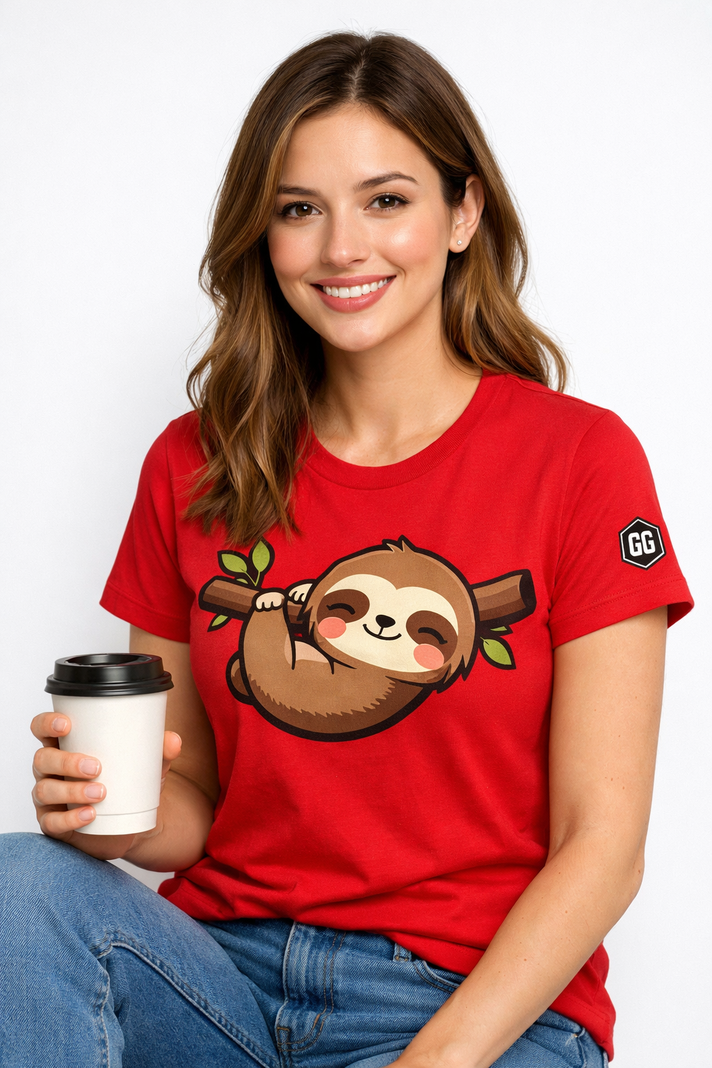 model:10:f | Faultier & Kaffee – Unisex T-Shirt – Modelfoto in Rot – Frau