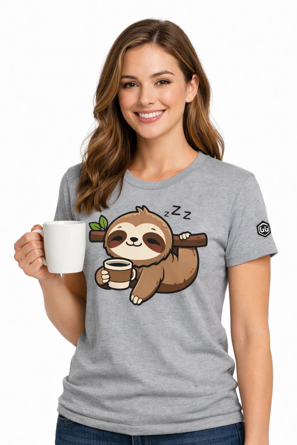 model:2:f | Faultier & Kaffee – Unisex T-Shirt – Modelfoto in Sportgrau – Frau