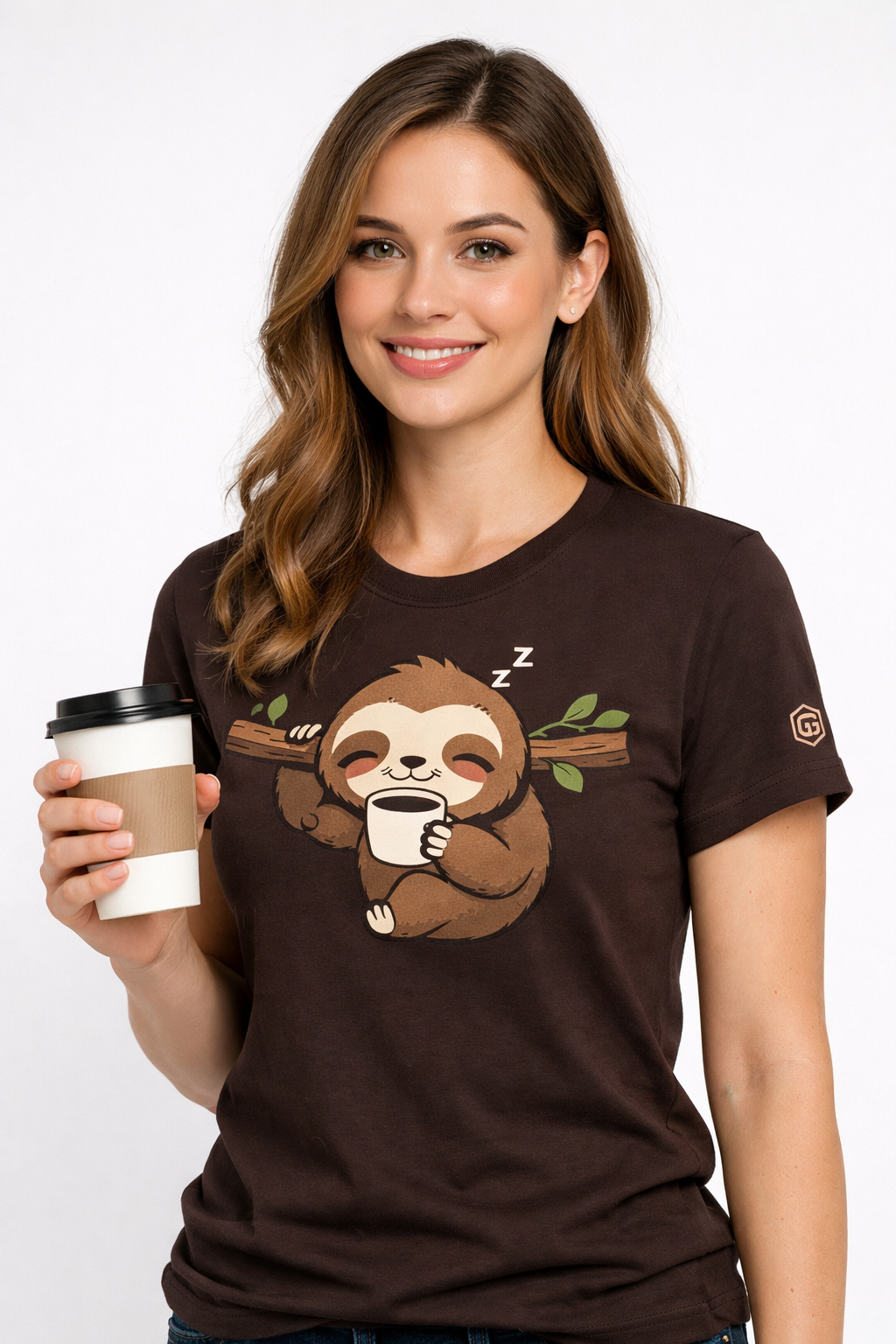 model:3:f | Faultier & Kaffee – Unisex T-Shirt – Modelfoto in Dunkelbraun – Frau