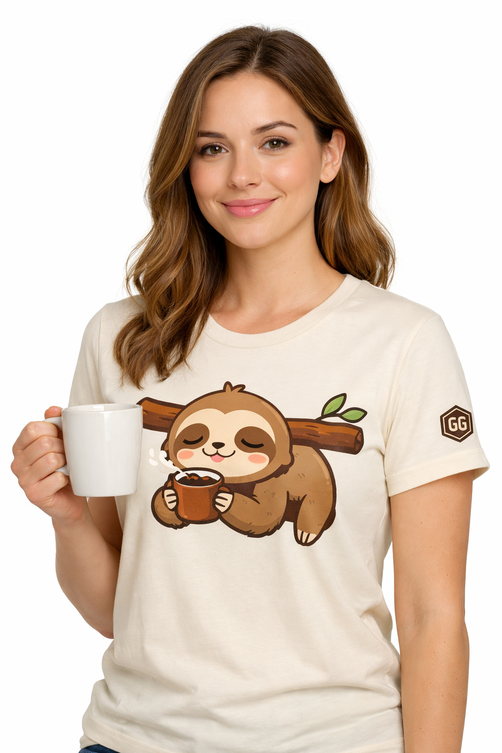 model:4:f | Faultier & Kaffee – Unisex T-Shirt – Modelfoto in Natur – Frau