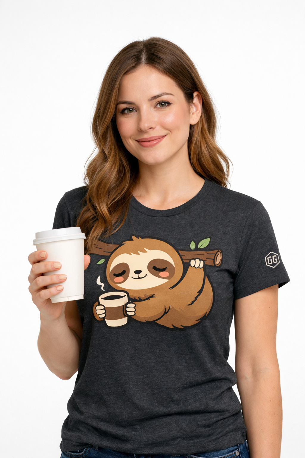model:6:f | Faultier & Kaffee – Unisex T-Shirt – Modelfoto in Dunkelmeliert – Frau