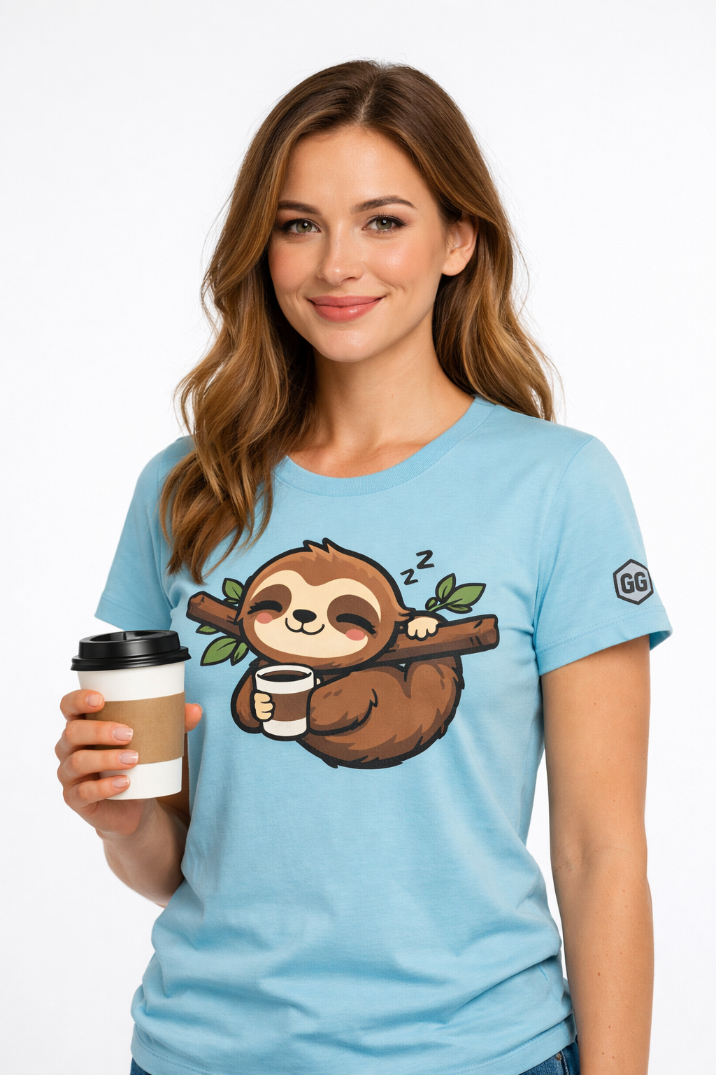 model:7:f | Faultier & Kaffee – Unisex T-Shirt – Modelfoto in Hellblau – Frau