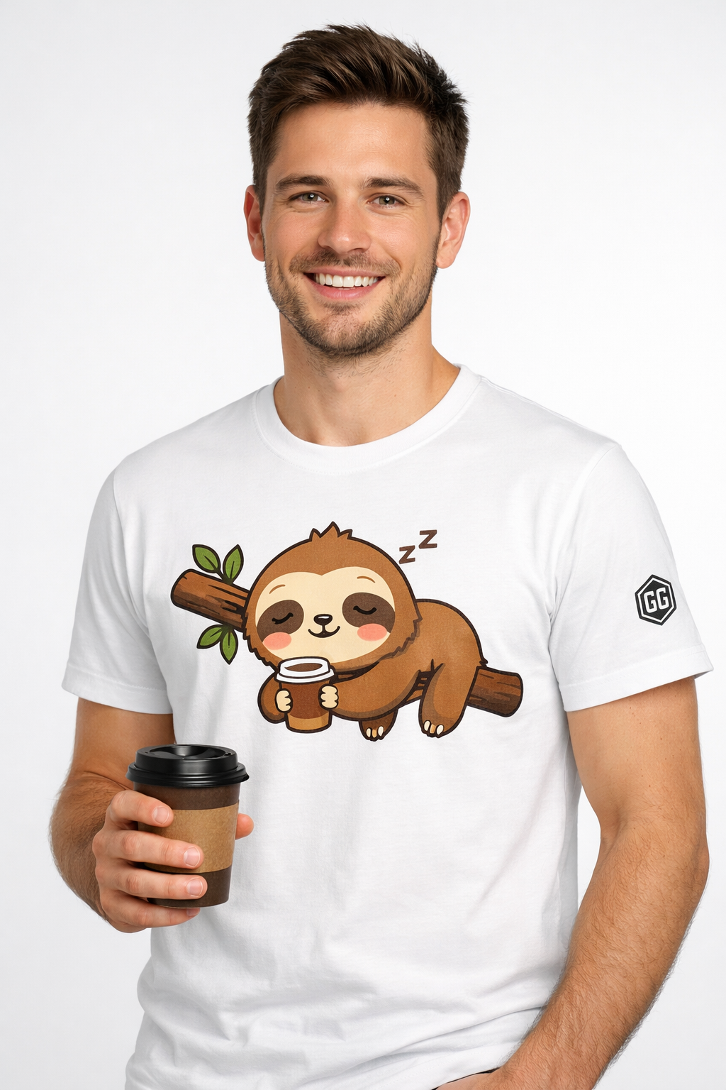 model:0:m | Faultier & Kaffee – Unisex T-Shirt – Modelfoto in Weiß – Mann