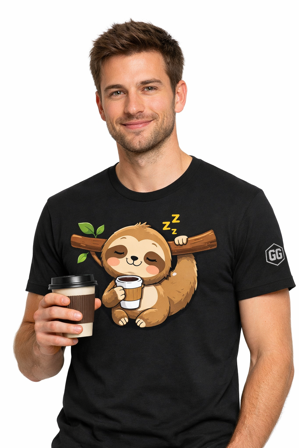 model:1:m | Faultier & Kaffee – Unisex T-Shirt – Modelfoto in Schwarz – Mann