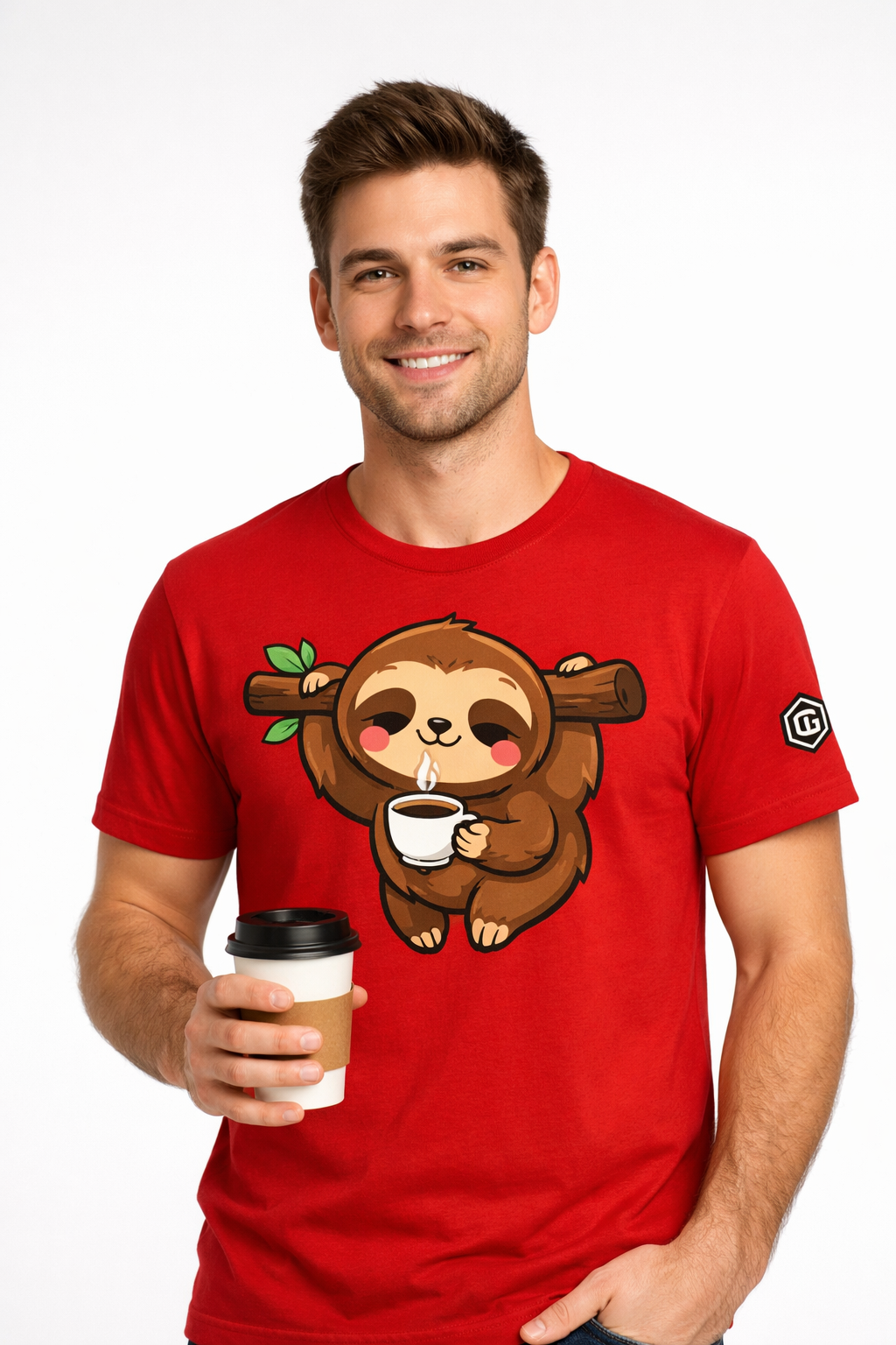 model:10:m | Faultier & Kaffee – Unisex T-Shirt – Modelfoto in Rot – Mann