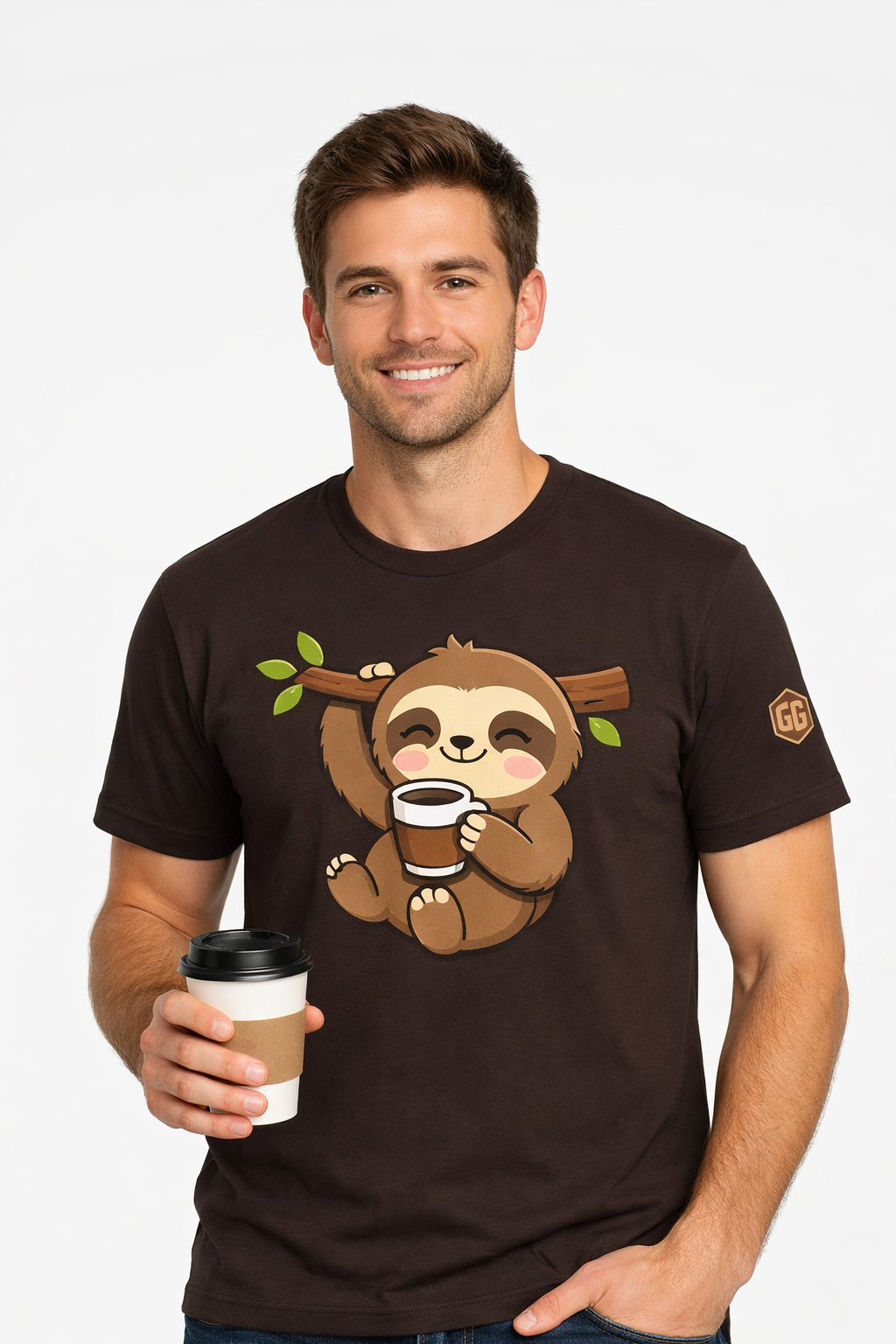 model:3:m | Faultier & Kaffee – Unisex T-Shirt – Modelfoto in Dunkelbraun – Mann
