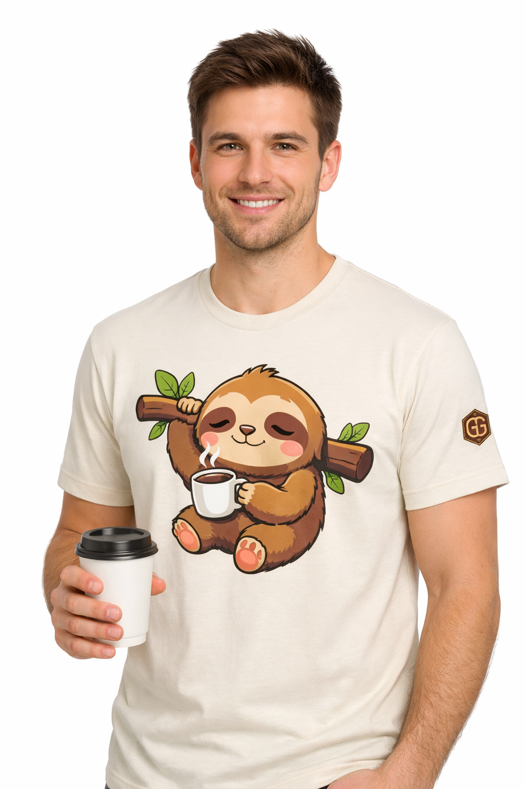model:4:m | Faultier & Kaffee – Unisex T-Shirt – Modelfoto in Natur – Mann