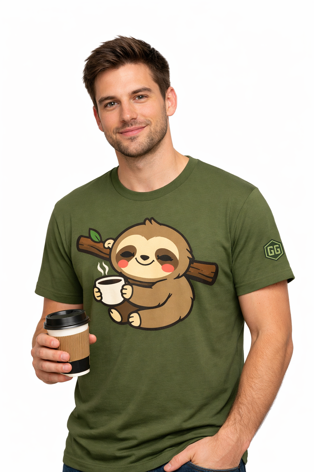 model:5:m | Faultier & Kaffee – Unisex T-Shirt – Modelfoto in Militärgrün – Mann