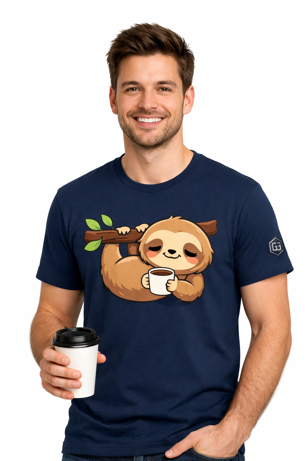 model:9:m | Faultier & Kaffee – Unisex T-Shirt – Modelfoto in Navy – Mann