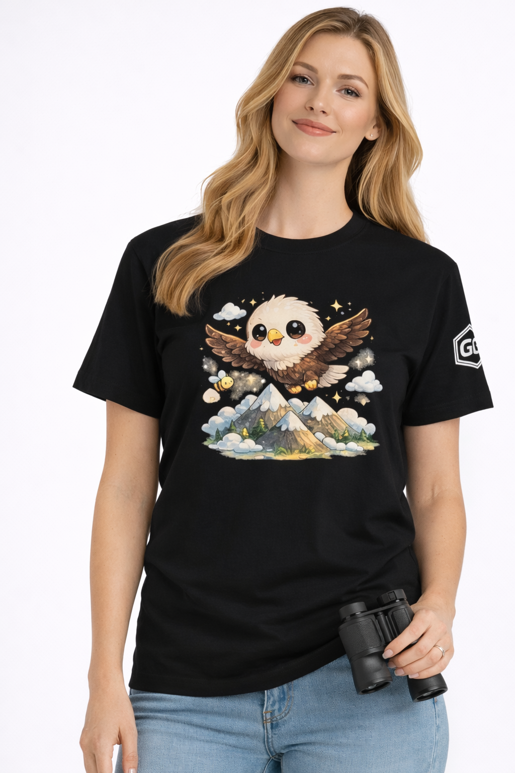model:1:f | Eagle on the Mountain T-Shirt – Modelfoto in Schwarz – Frau