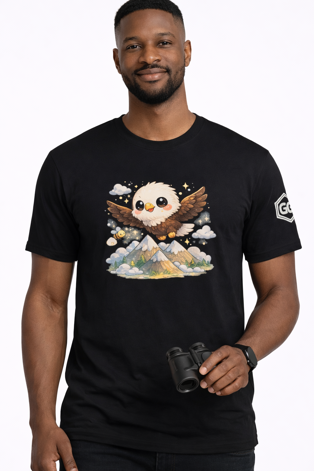 model:1:m | Eagle on the Mountain T-Shirt – Modelfoto in Schwarz – Mann