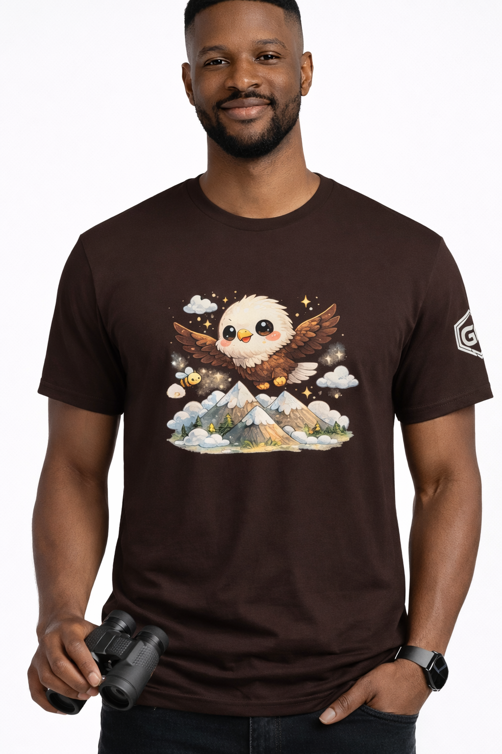 model:3:m | Eagle on the Mountain T-Shirt – Modelfoto in Dunkelbraun – Mann