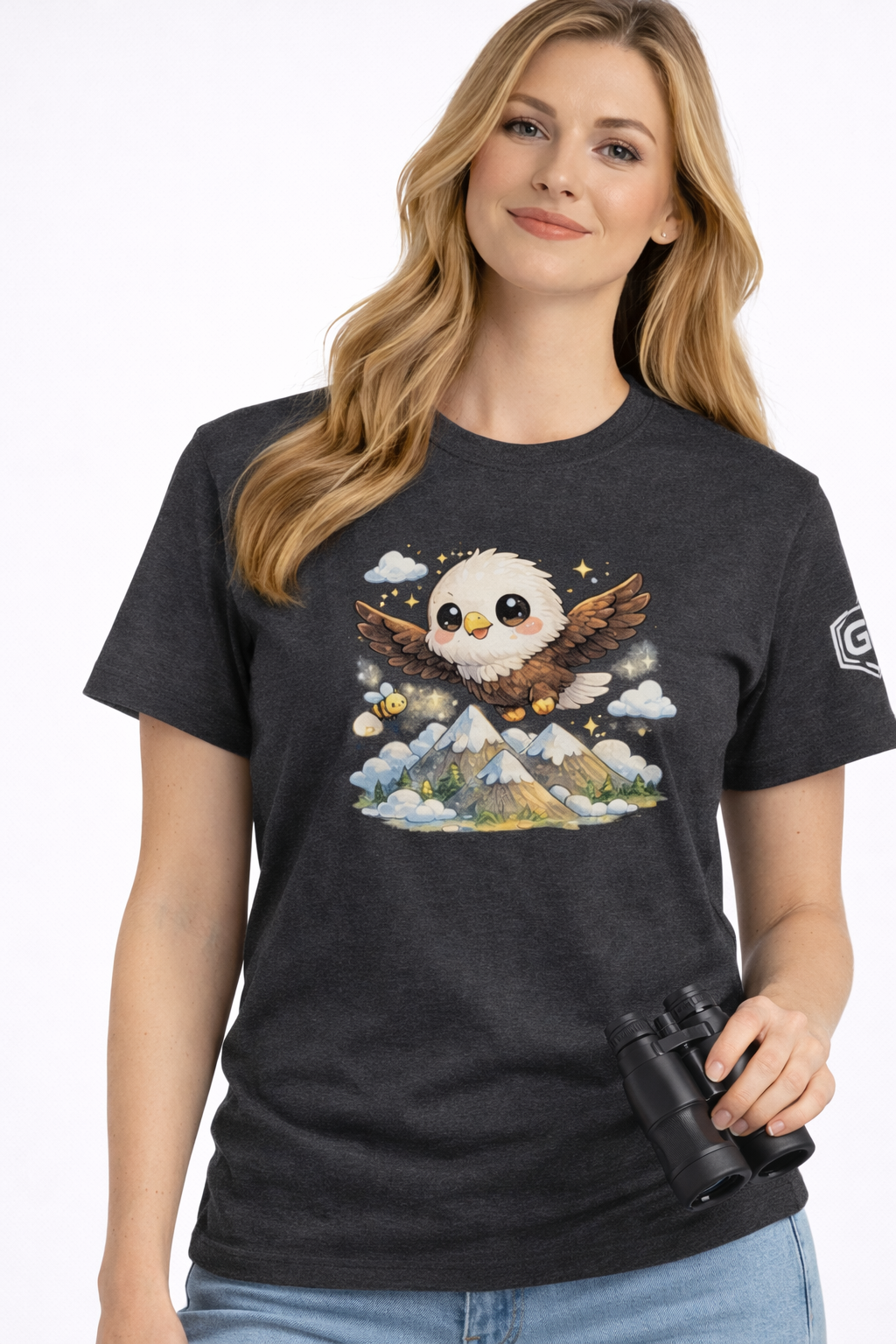 model:6:f | Eagle on the Mountain T-Shirt – Modelfoto in Dunkelmeliert – Frau