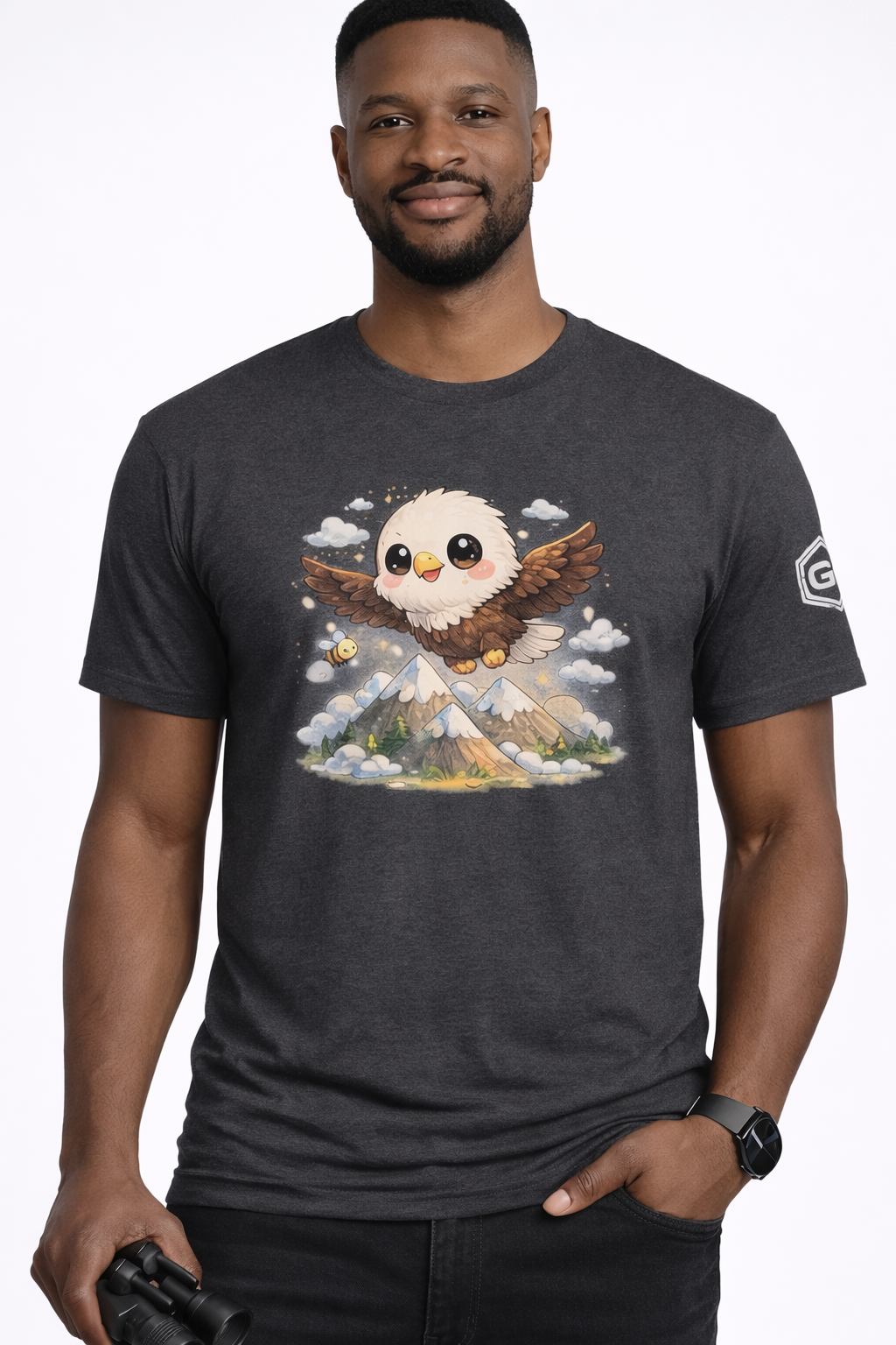 model:6:m | Eagle on the Mountain T-Shirt – Modelfoto in Dunkelmeliert – Mann