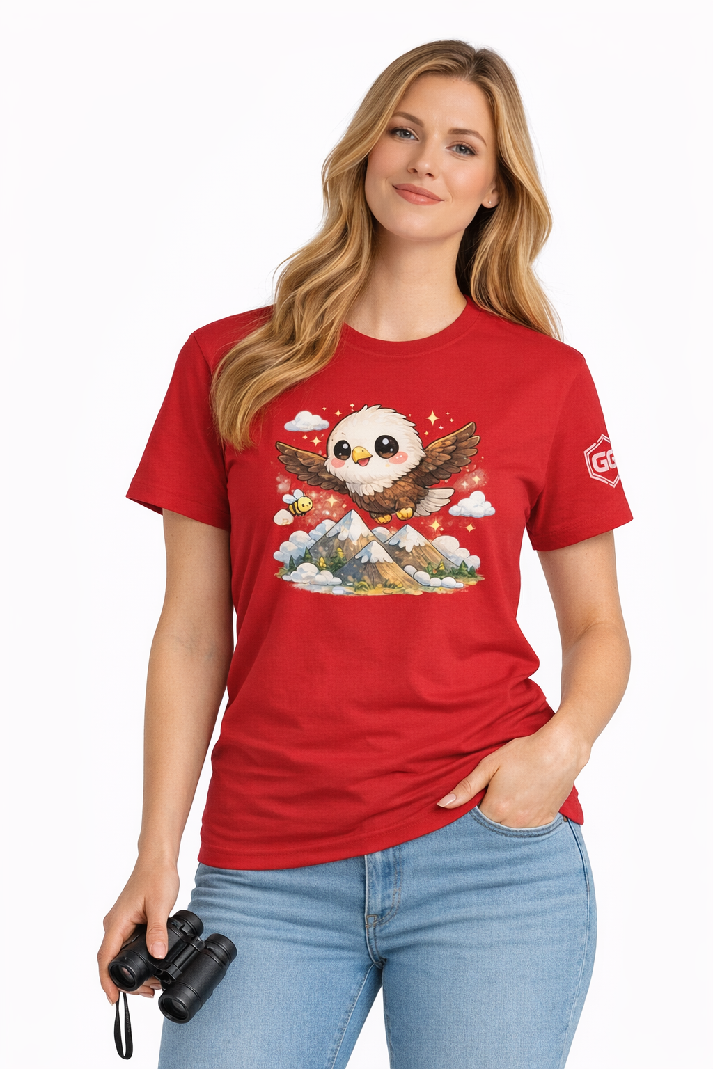 model:10:f | Eagle on the Mountain T-Shirt – Modelfoto in Rot – Frau