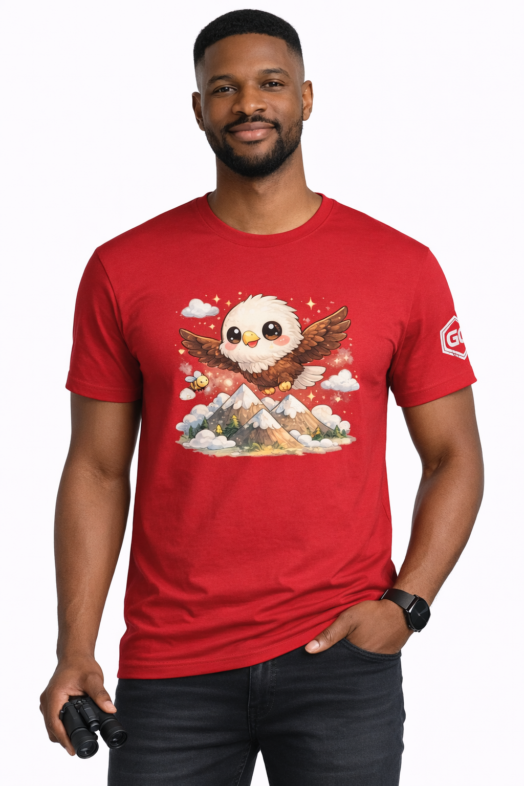 model:10:m | Eagle on the Mountain T-Shirt – Modelfoto in Rot – Mann