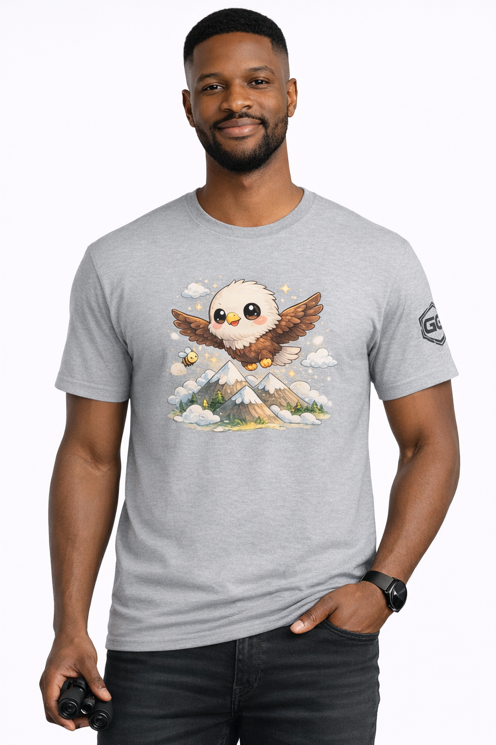 model:2:m | Eagle on the Mountain T-Shirt – Modelfoto in Sportgrau – Mann