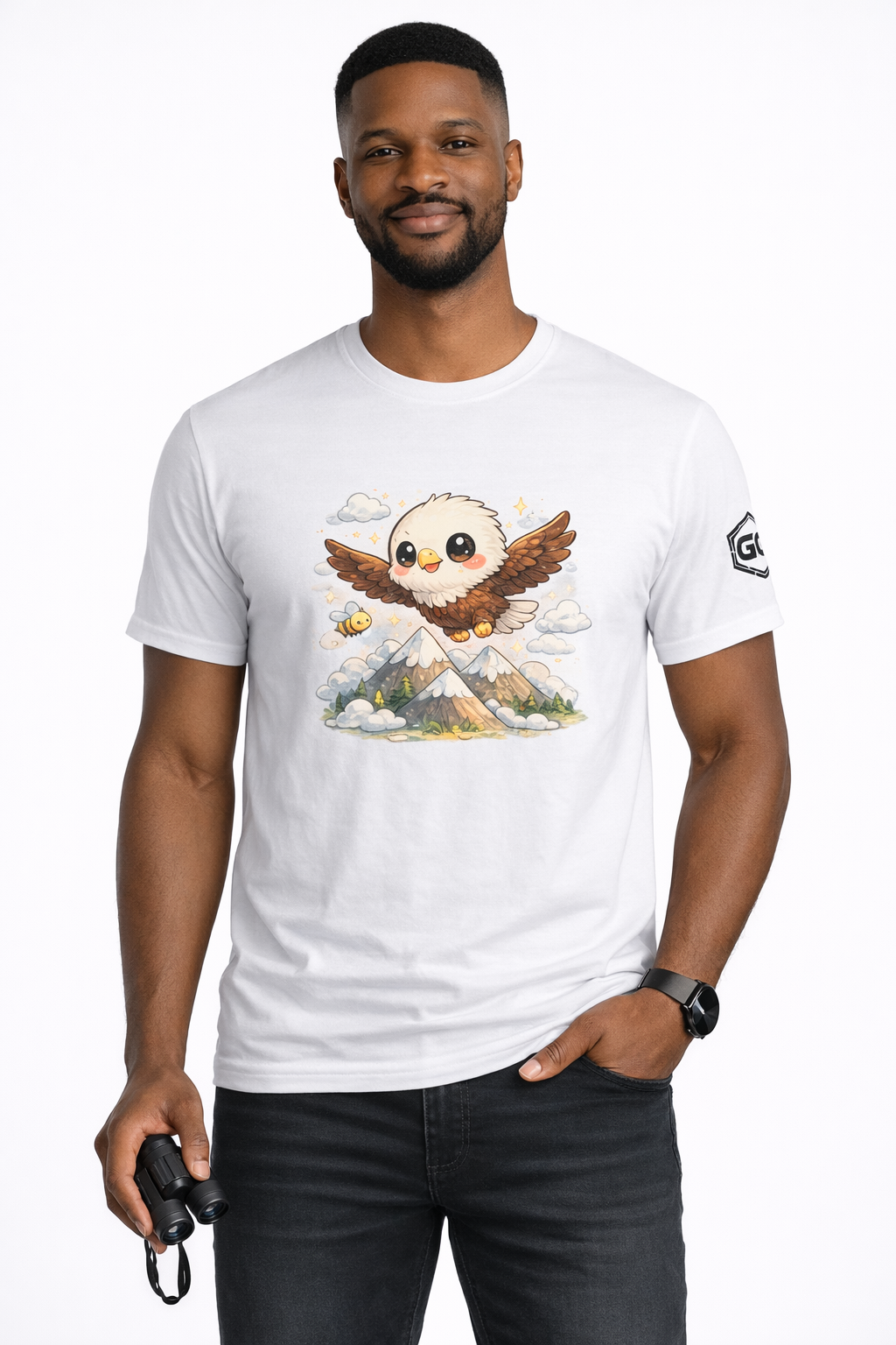 model:0:m | Eagle on the Mountain T-Shirt – Modelfoto in Weiß – Mann