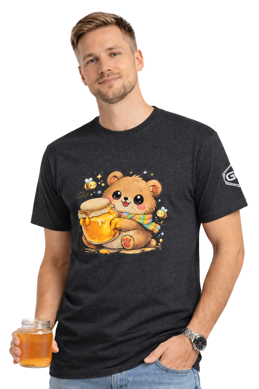 model:6:m | Bear & Honey T-Shirt – Modelfoto in Dunkelmeliert – Mann