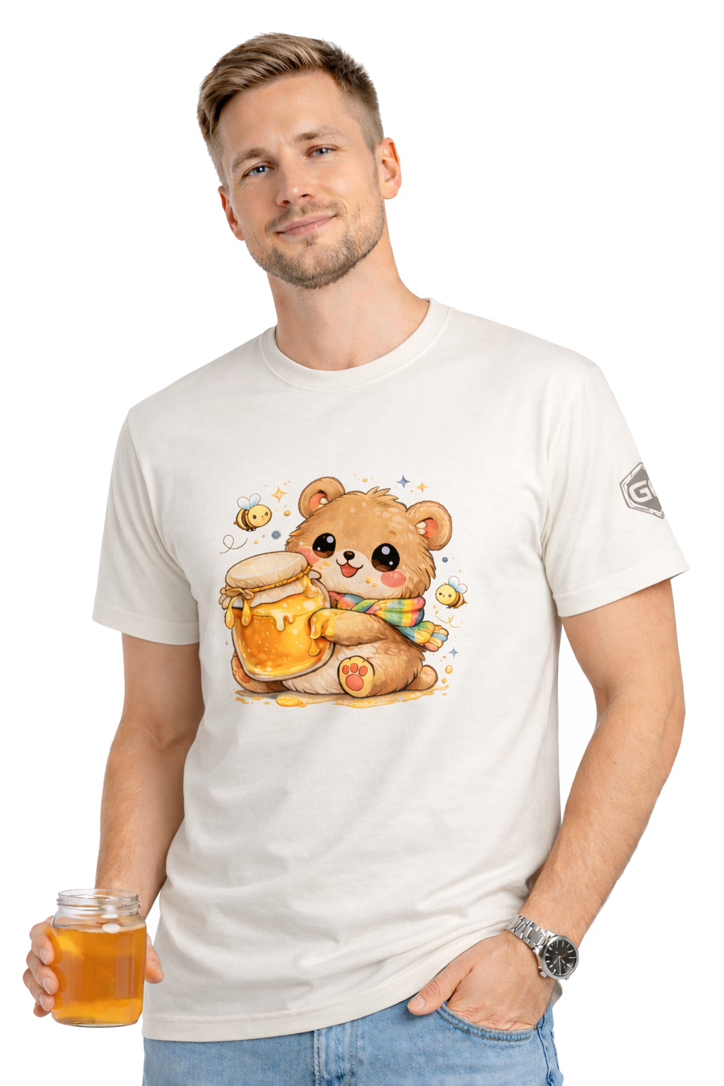 model:4:m | Bear & Honey T-Shirt – Modelfoto in Natur – Mann