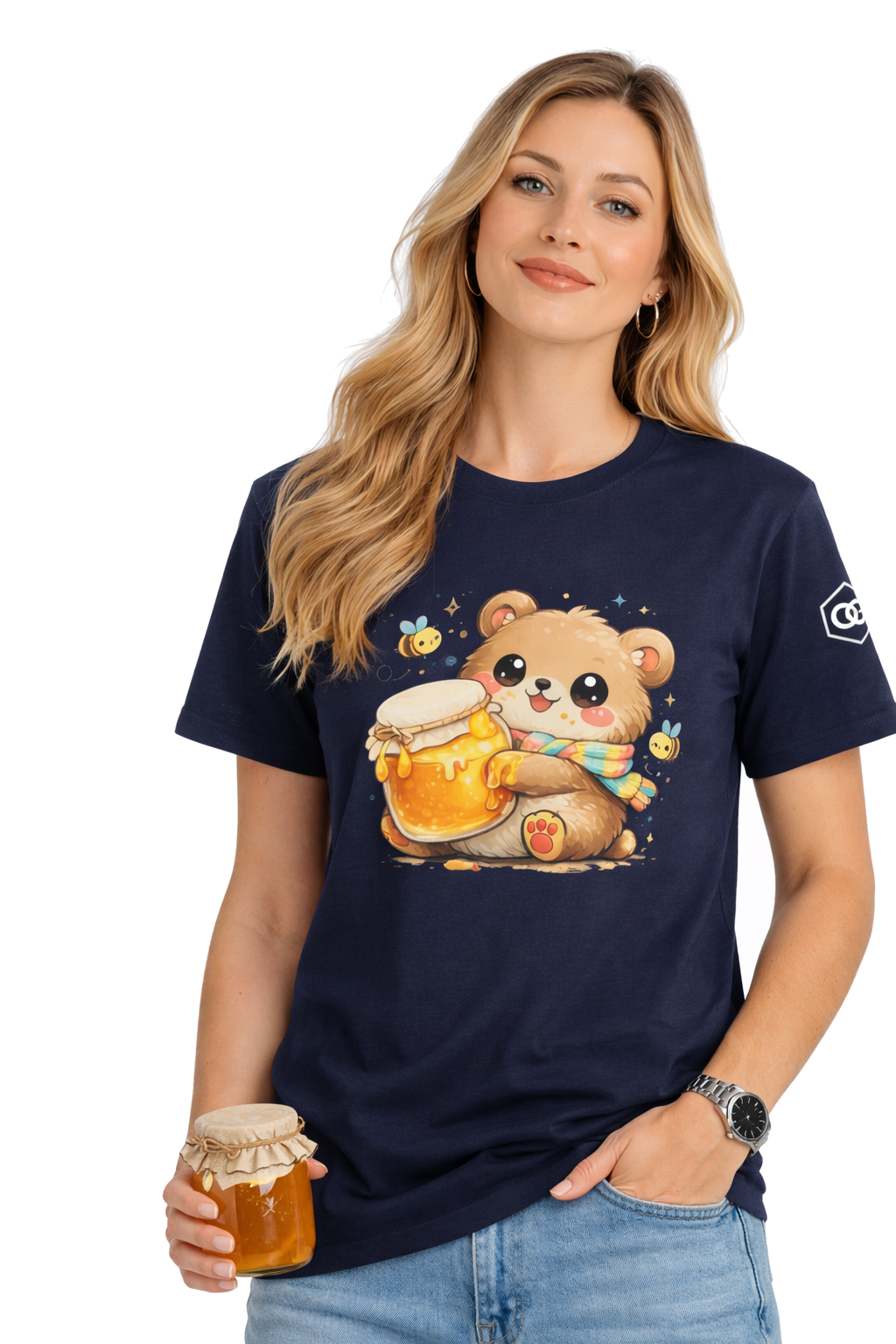 model:9:f | Bear & Honey T-Shirt – Modelfoto in Navy – Frau