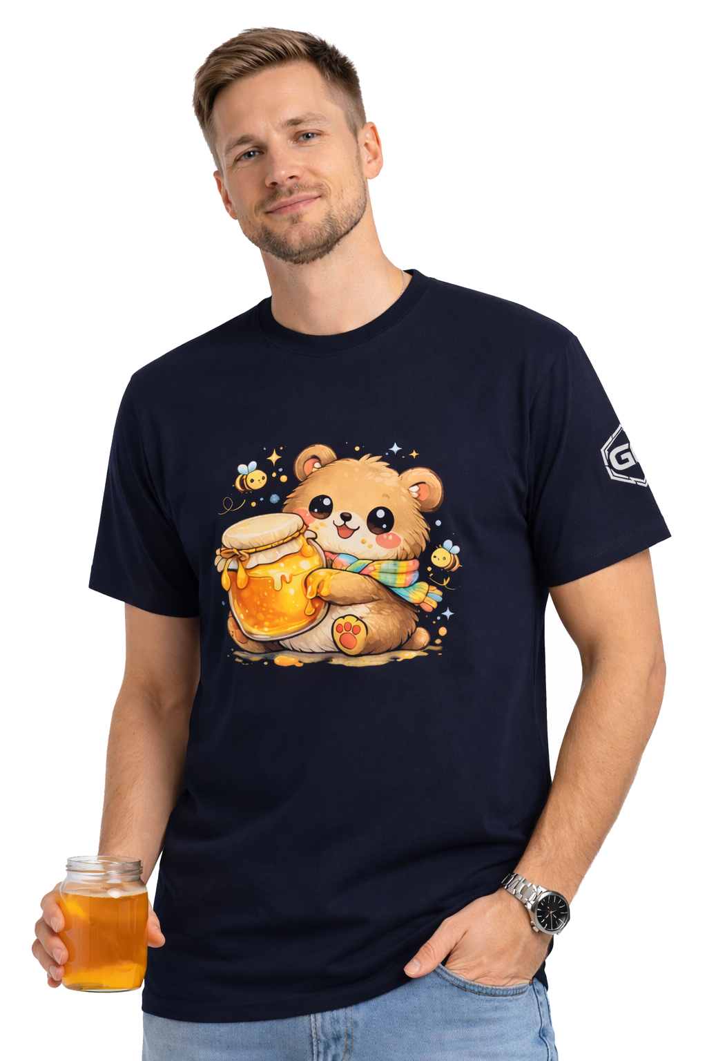 model:9:m | Bear & Honey T-Shirt – Modelfoto in Navy – Mann