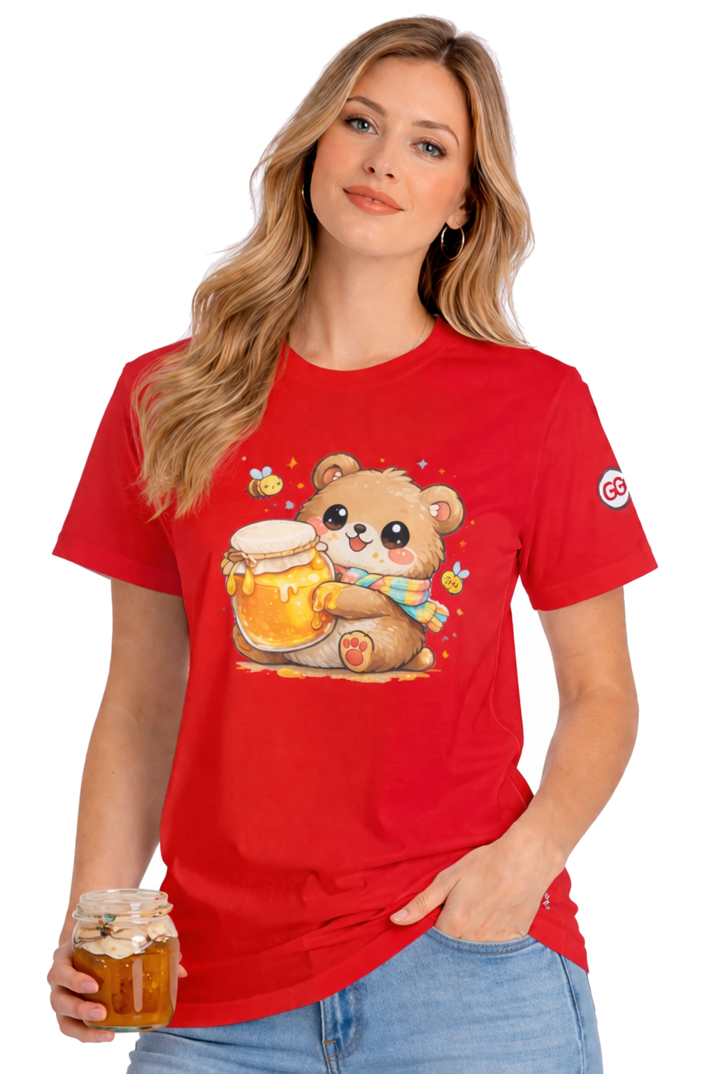 model:10:f | Bear & Honey T-Shirt – Modelfoto in Rot – Frau