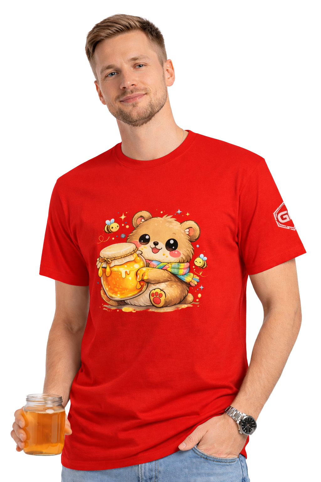 model:10:m | Bear & Honey T-Shirt – Modelfoto in Rot – Mann
