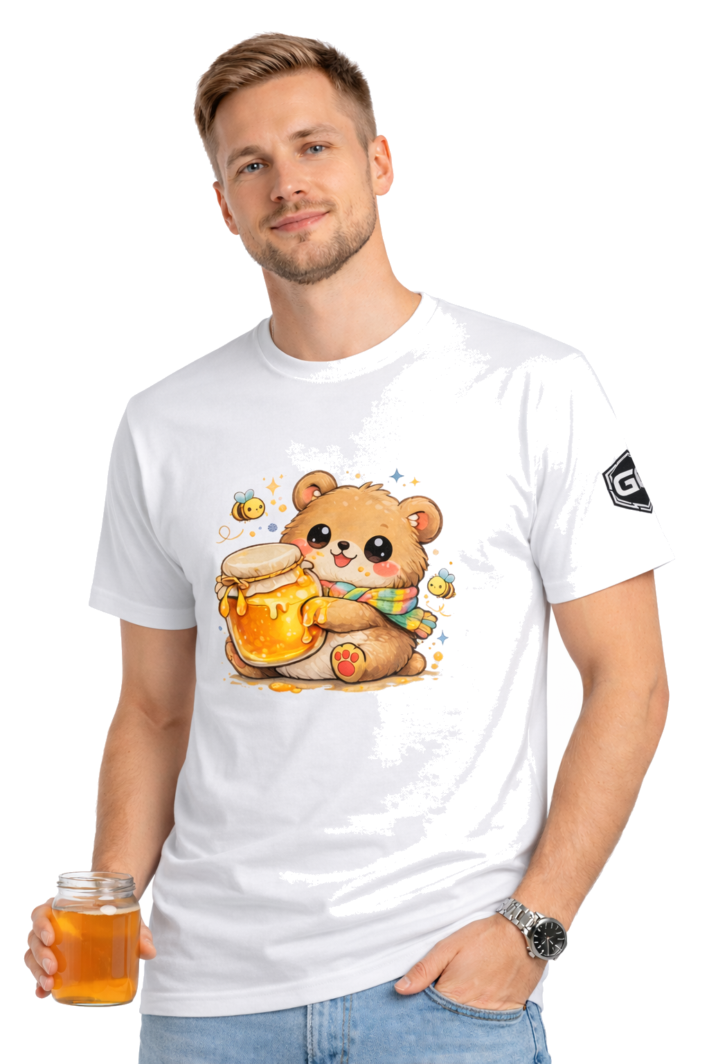 model:0:m | Bear & Honey T-Shirt – Modelfoto in Weiß – Mann