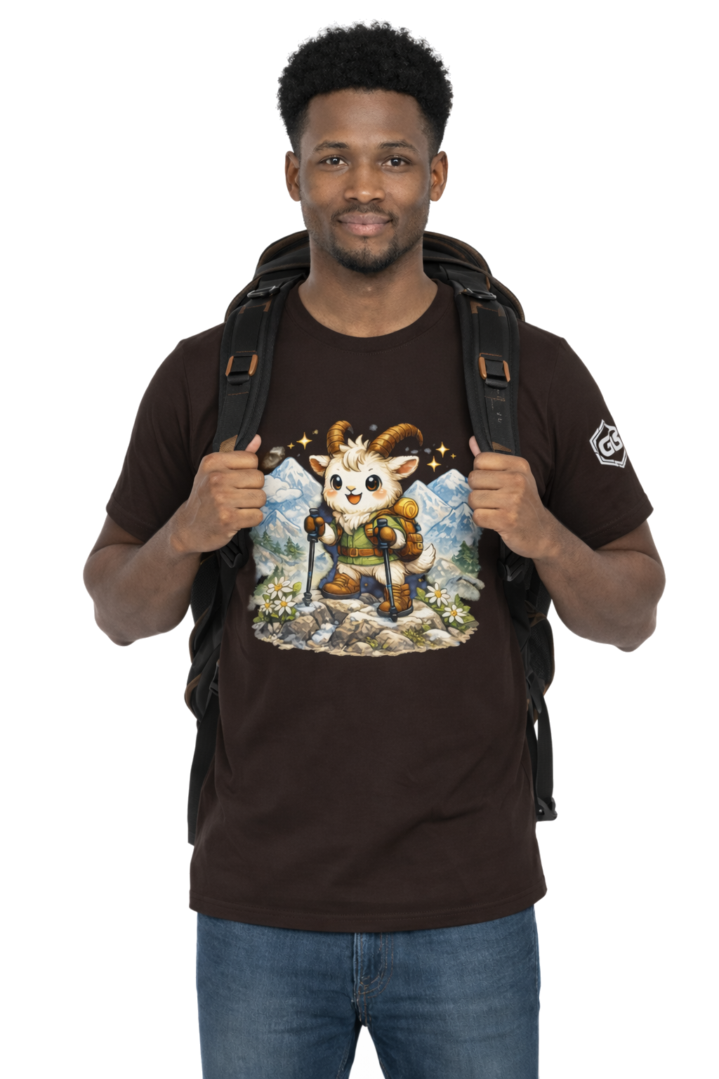 model:3:m | Bergziege T-Shirt – Modelfoto in Dunkelbraun – Mann
